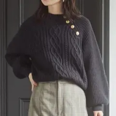 VIS ケーブル袖ボリュームニットプルオーバー ネイビー