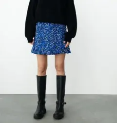 新品 定価3990円 ZARA ザラ 青 ミニ スカートS 花柄 プリント