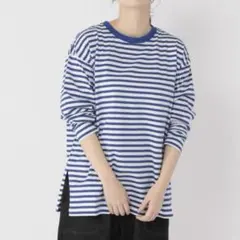 スリットスリーブロンＴ　studio clip ボーダー ブルー　青