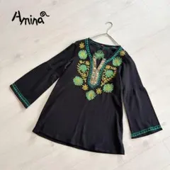 【アミナ】チャイハネ エスニック 刺繍 プルオーバー ブラウス 黒 綿100