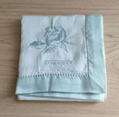 GIVENCHY バラ刺繍 ハンカチ　ブルーグリーン　レトロ