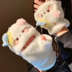 【新品】猫 手袋 指出し 紐付き もこもこ 防寒 白 ネコ かわいい ふわふわ