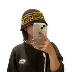 クラッシャーハット クロシェハット 帽子 ビーニー 雷紋柄 古着 ニット バケハ