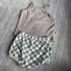 キャミソール　チェック柄　かぼちゃパンツ　セットアップ　韓国子供服　グレー　緑