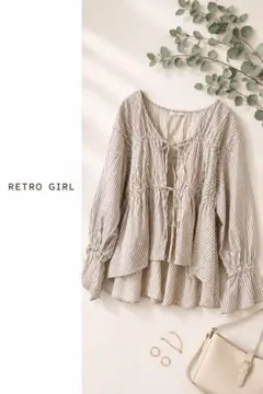 RETRO GIRL ストライプブラウス リボン ギャザー フレア レトロガール