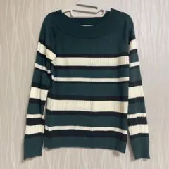 ニット セーター 薄手 長袖 ストライプ グリーン ダークグリーン 春 ボーダー