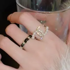 985 リング　指輪　２本　パール　ゴールド　ブラック