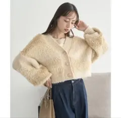 ポンポンヤーンミックスインターシャカーディガン