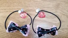 リボンとハートビーズのヘアゴム2個セット