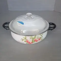 昭和レトロ　チェリー柄 ホーロー製両手鍋　強化ガラス蓋　匿名配送
