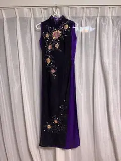 【美品】和柄モダン ロングドレス パープル×ブラック（Sサイズ）
