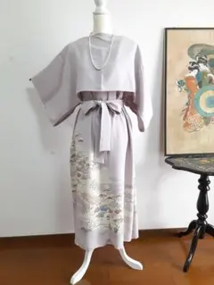 リメイク着物ロングワンピース作家物ボレロ付き正絹Ｌ着丈118センチ