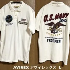 Lサイズ！AVIREX アヴィレックス古着半袖ポロシャツ白 ネイビーシールズ刺繍のサムネイル