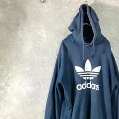 adidas　パーカー　スウェット　長袖　フーディー　ネイビー　ロゴ　プリント