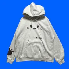 猫柄フード付きトレーナー　可愛い猫イラスト付　薄いグレー　大きめ　XL 裏起毛