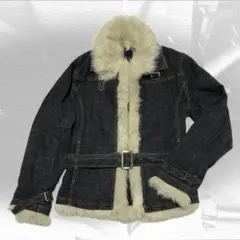 y2k ボーホー グランジ レトロ ベルト フェイクファー デニム ジャケット