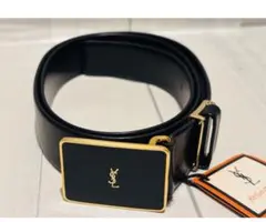 タグ付き YSL ブラック レザーベルト ゴールドバックル
