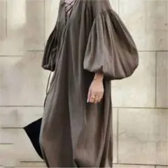 訳あり! ボリュームスリーブレースアップロングワンピース★長袖/Vネック/フp