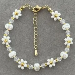 ブレスレット ハンドメイド 花 フラワー ビーズ 白 金