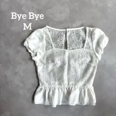 バイバイ ブラウス フラワー刺繍 白 M パフスリーブ フリル裾 透け感 シアーのサムネイル