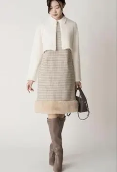 CELFORD セルフォード　裾ファー切替Aラインワンピース　チェック　38 M