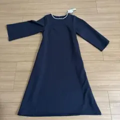 ネイビー パール装飾 長袖 ワンピース