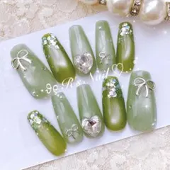 ネイルチップ マグネット 緑 グリーン ワンホン 量産型 韓国 バレリーナ ラメ