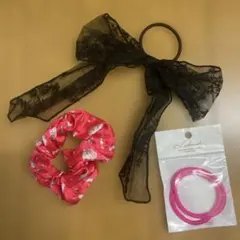 ヘアゴム シュシュ 3点セット レース リボン ネオンピンク
