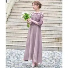 GIRL 刺繍レース切替え5分袖 プリーツ ロング ドレス