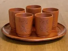 湯のみ茶碗5客・朱泥・陶器・新品（琴松・常滑焼）・工芸品（199）