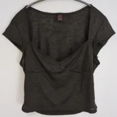 ハートネック 春夏 大人カジュアル クロップドTシャツ 半袖 ブラック L