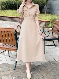 レトロ 上品 折り衿 前ボタン エレガントワンピース 着痩せ効果 ロング