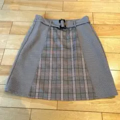 茶系チェック柄千鳥柄タイトスカート 茶色バックル付きハイウエスト
