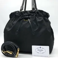 ✨美品✨プラダ ハンドバッグ 2way ロゴ金具 リボン ギャザー ナイロン 黒