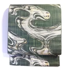 5k2353 名古屋帯　絹　緑　ベージュ　柄物　和装　着物