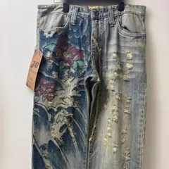 美品 絡繰魂 カラクリダマシイ 桜 流水 総柄デニムパンツ 32 和柄 刺繍