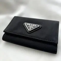 美品 プラダPRADA 三角ロゴ キーケース ナイロンサフィアーノレザー 黒