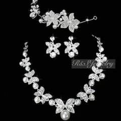フラワーお花蝶パールヘッドドレスネックレスイヤリング結婚式ブライダル3点セットa