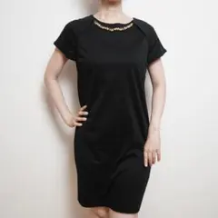 【2点20%OFF】自由区 ワンピース ビジュー 半袖 一点物 ブラック 膝丈のサムネイル