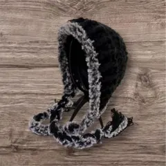 ファー付きボンネット　ヘッドドレス　バラクラバ ブラック＆グレーCatヤーン