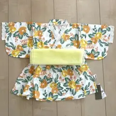 新品未使用 花柄黄色浴衣 黄色リボン帯びセット 浴衣ドレス 100cm