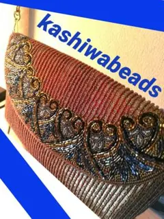柏ビーズ　ビーズバッグ　ビーズ刺繍 ゴールド クラッチ　ショルダー　昭和レトロ