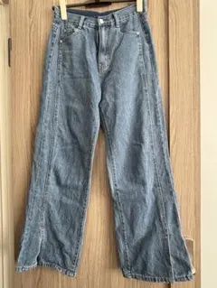 グレイル　フロントスリットハイウエストデニムパンツ　ブルー