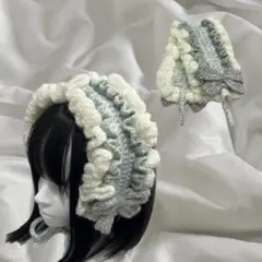 【 SALE 】 編み物 かぎ針編み ヘッドドレス フリル リボン 冬 グリーン
