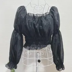 ワンウェイ オフショル シアー クロップド丈 ブラウス パフスリーブ 黒 Fのサムネイル