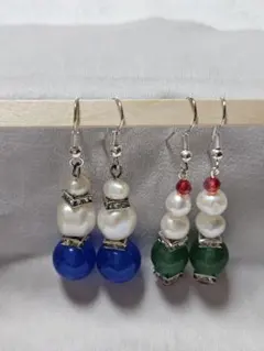 青と緑のビーズと淡水パール風の ハンドメイドピアス