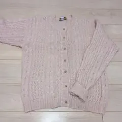 ヴィンテージ　ピンク ケーブル編み ニットカーディガン
