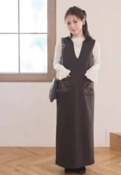 新品☆yumi　コード刺繍ジャンパースカート　Lサイズ　ブラウン　しまむら
