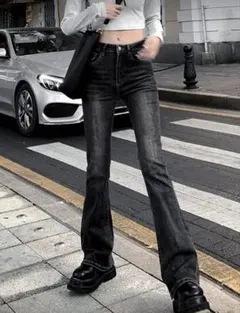 ダークグレー ハイウエスト ブーツカットデニム