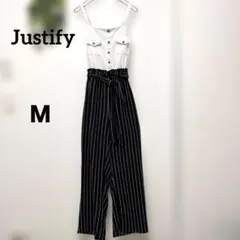 美品【ジャスティファイ】ストライプ柄 サロペット ベルト紐つき 白/黒 春Ｍ